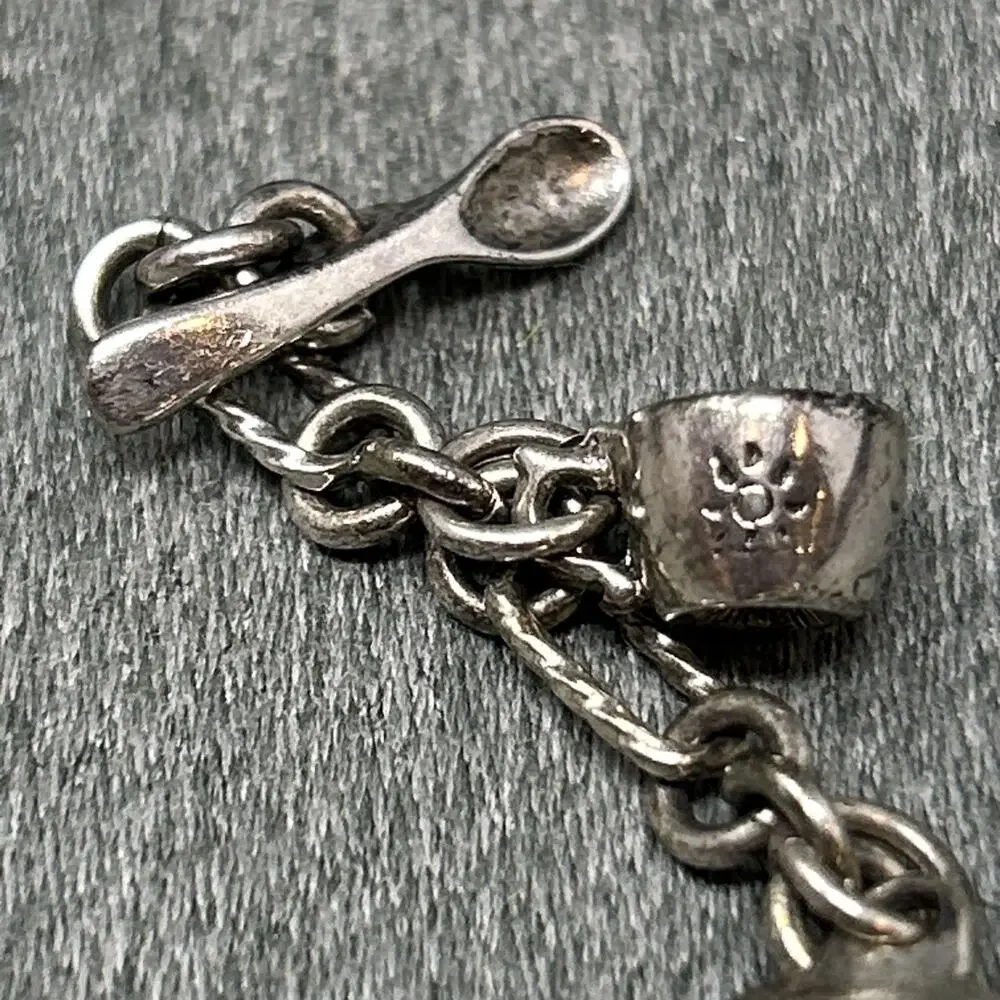 Vintage Silver Tone Tea Time Kitchen Charm Bracelet Miniature Teapots Plates